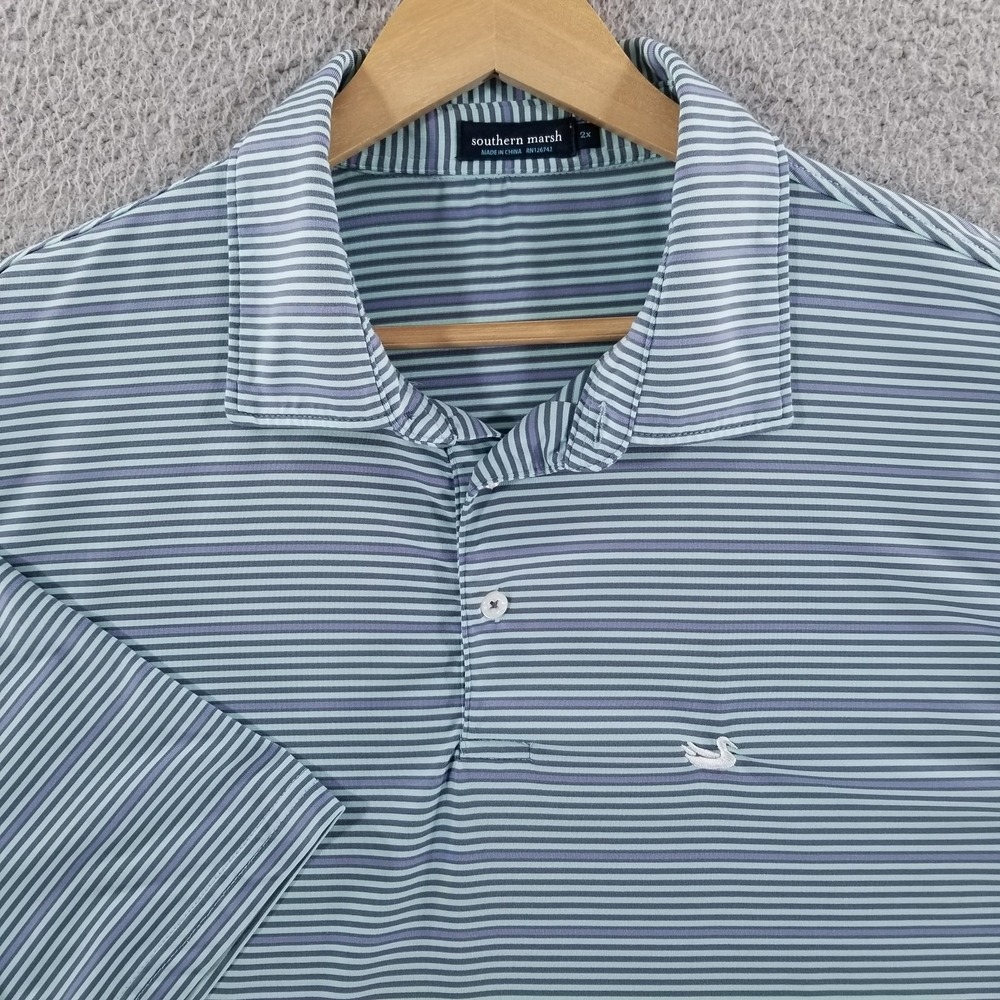 Southern Marsh Polo Shirt Mens 2XL Blue Striped Performance Golf Casual Coastal